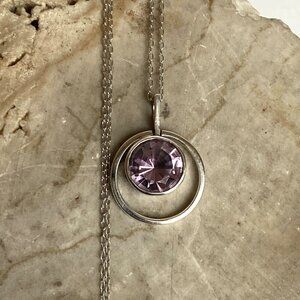 Sterling Silver 925 Round Amethyst Circle Pendant Necklace 18" Cable Chain
